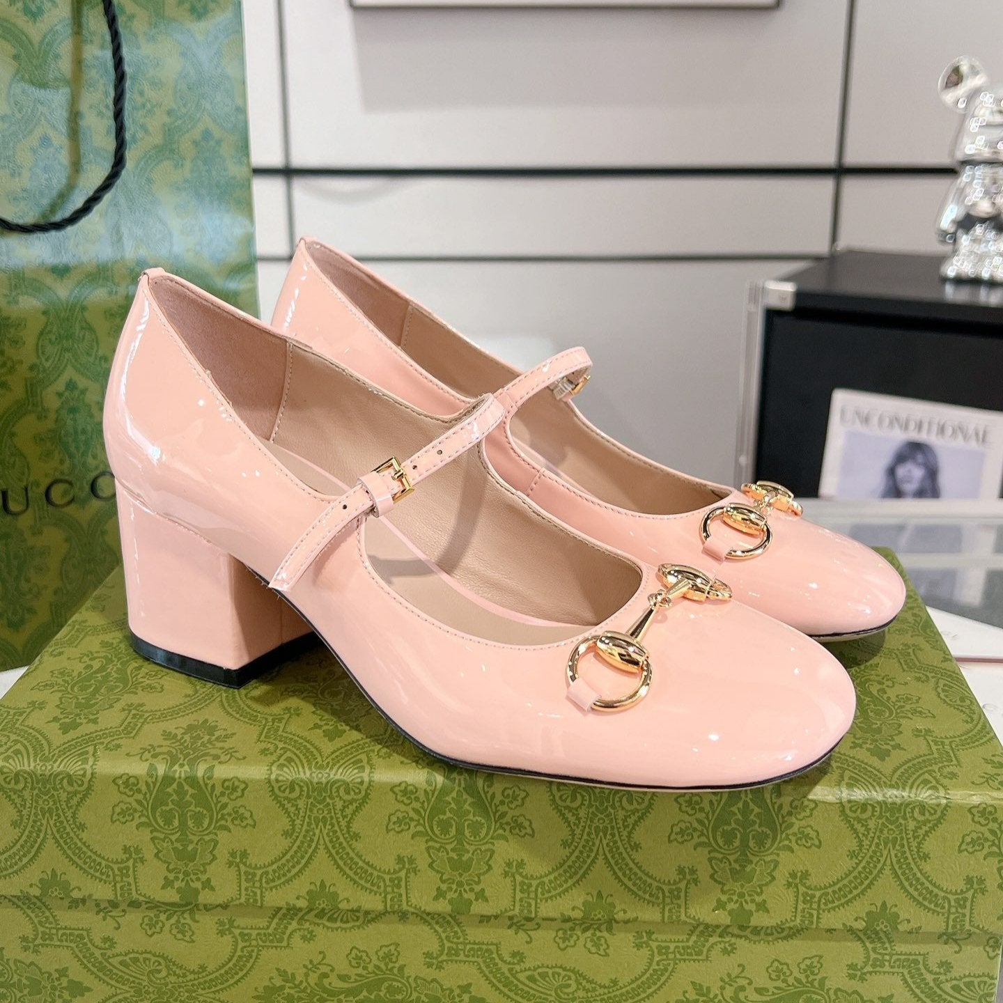 HORSEBIT MARY JANE HEEL IN LIGHT PINK CALFSKIN GOLD HARDWARE