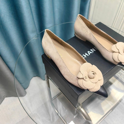 CC BALLET FLAT IN TAN BEIGE SUEDE AND BLACK CALFSKIN WITH FLOWER