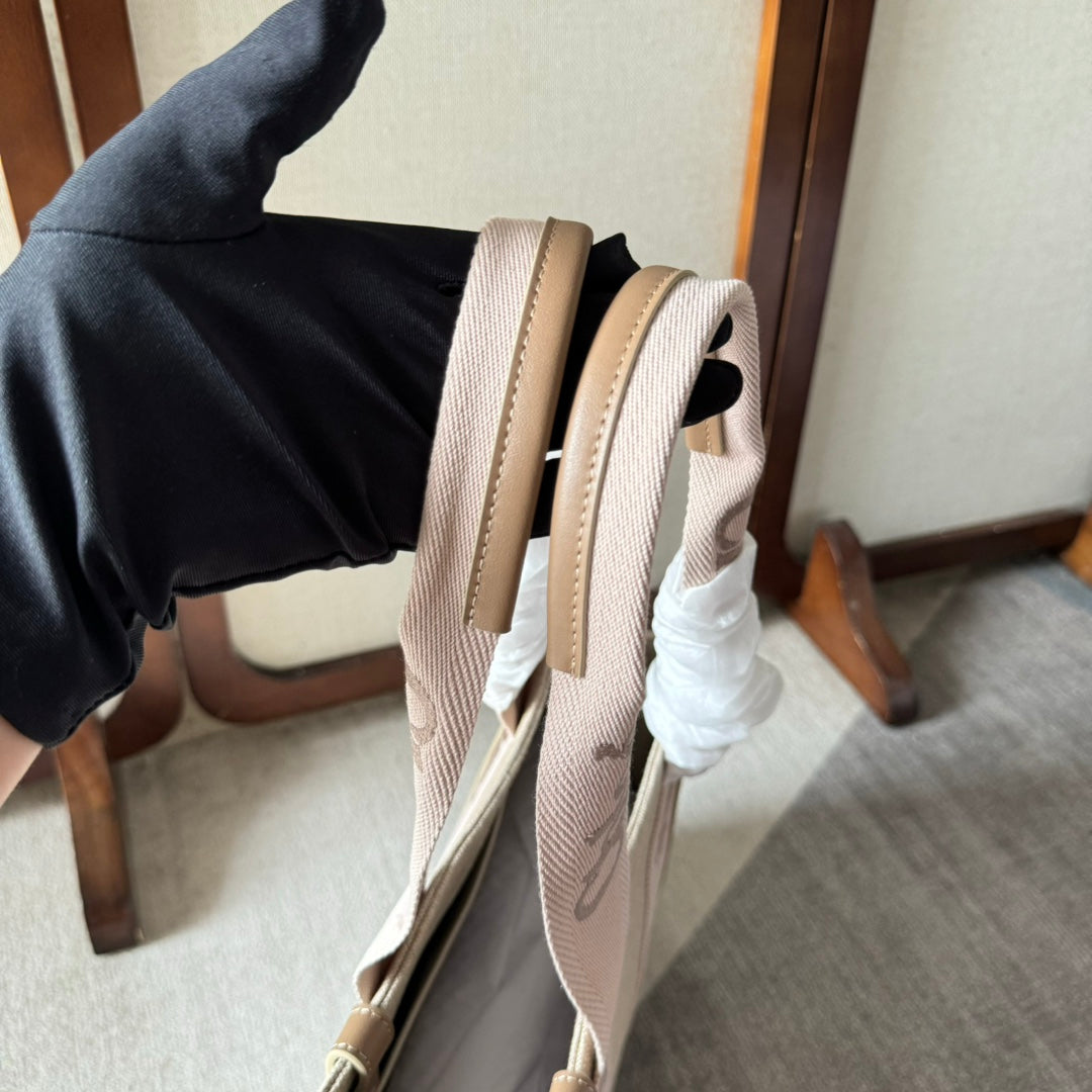 MEDIUM WOODY TOTE BAG 37 IN BEIGE LINEN CANVAS LIGHT PINK WEBBING LOGO EMBROIDERY