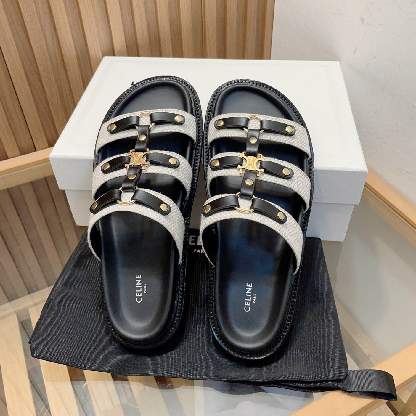 TIPPI SLIDE IN CANVAS & CALFSKIN NATURAL WHITE / BLACK