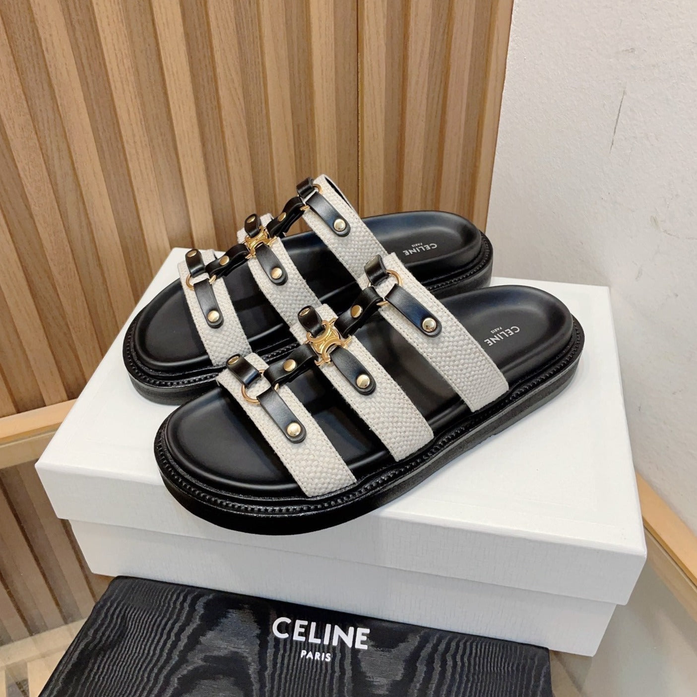 TIPPI SLIDE IN CANVAS & CALFSKIN NATURAL WHITE / BLACK