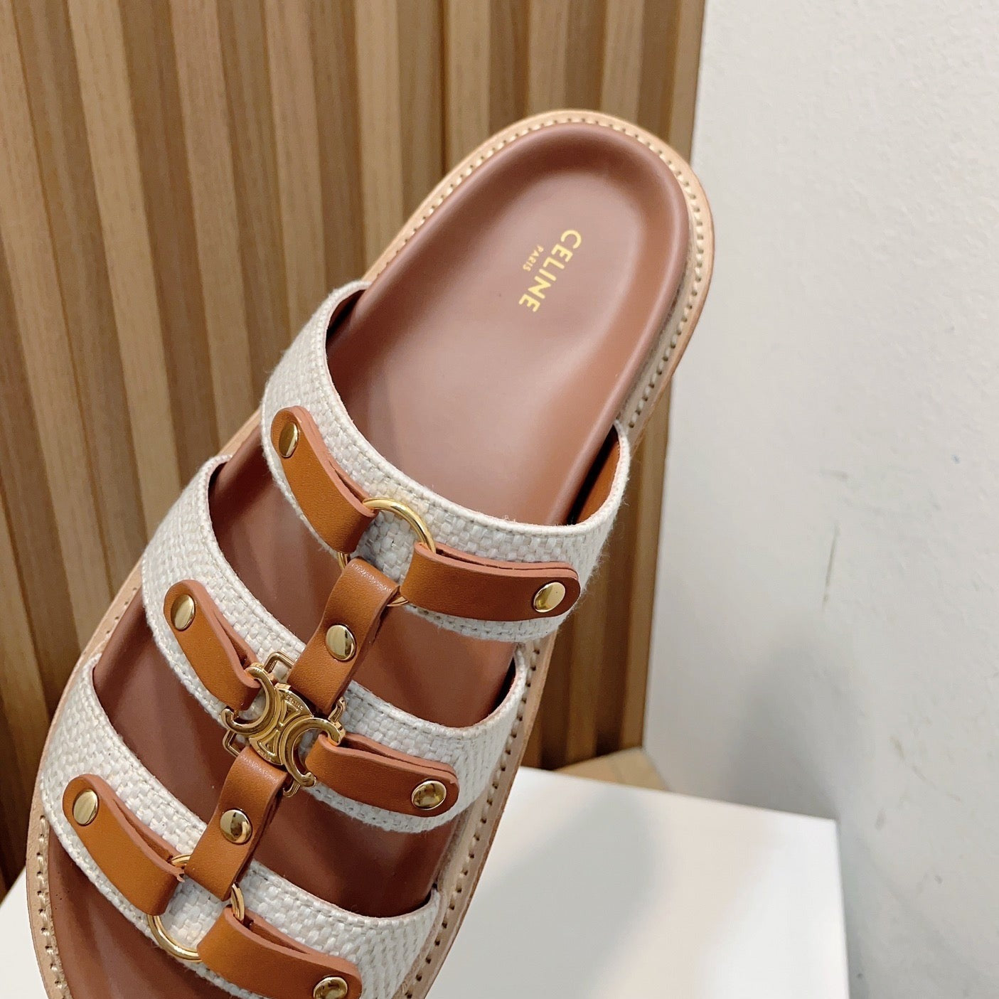 TIPPI SLIDE IN CANVAS & CALFSKIN NATURAL WHITE / TAN