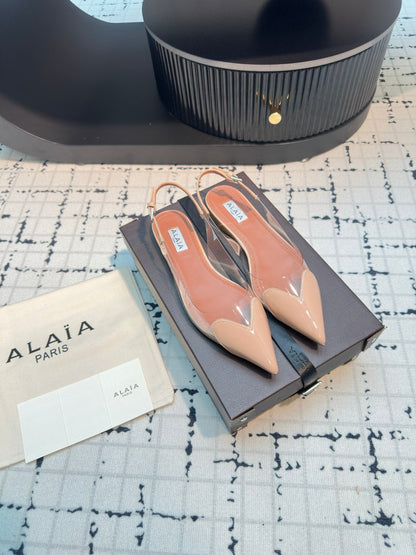 ALAIA FLAT SLINGBACK IN BEIGE BISQUE PATENT CALFSKIN AND FILM