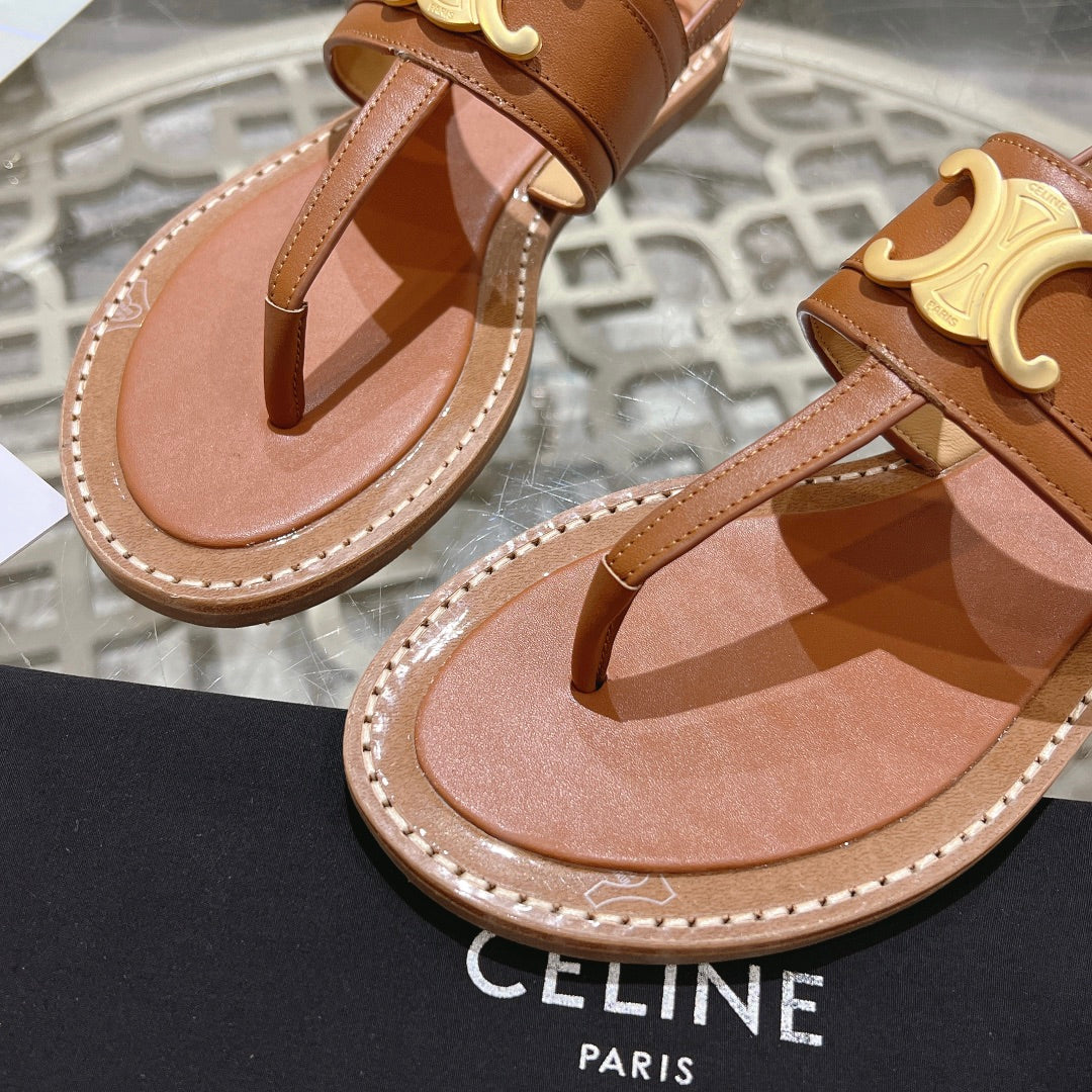 LYMPIA TRIOMPHE THONG IN CALFSKIN CARAMEL BROWN