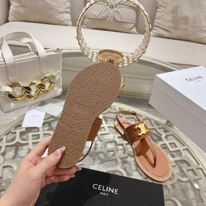 LYMPIA TRIOMPHE THONG IN CALFSKIN CARAMEL BROWN