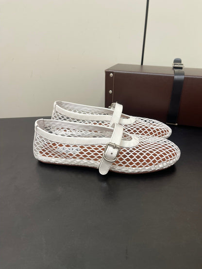 ALAIA BALLET FLATS IN WHITE MESH FISHNET