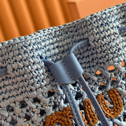 MIUMIU 26S WANDER BUCKET BAG 23 IN BLUE RAFFIA WITH LEATHER TRIM