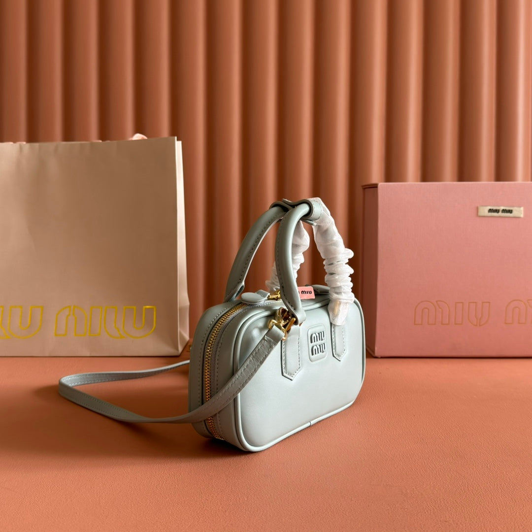 MIUMIU 26S ARCADIE BAG 19 IN SAGE GRAY CALFSKIN GOLD HARDWARE
