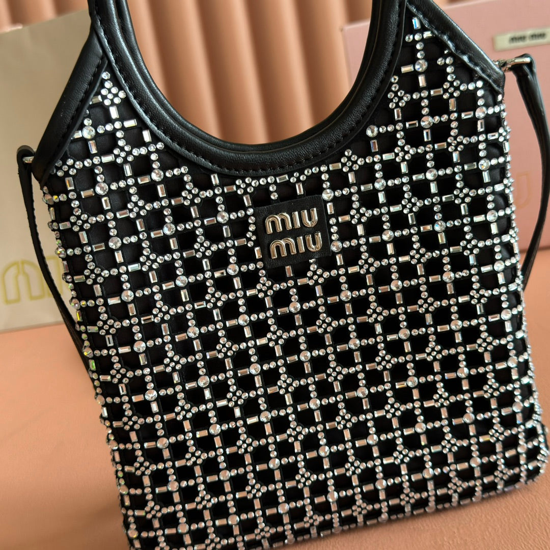MIUMIU 26S CRYSTAL TOTE 24 BAG IN BLACK CALFSKIN
