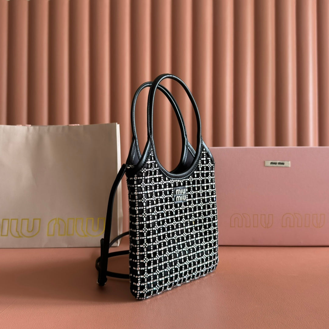 MIUMIU 26S CRYSTAL TOTE 24 BAG IN BLACK CALFSKIN
