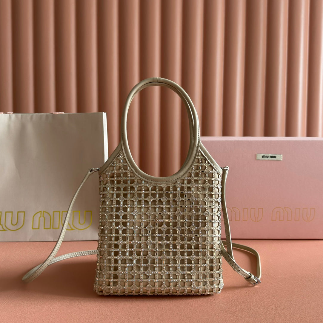 MIUMIU 26S CRYSTAL TOTE 24 BAG IN DARK BEIGE CALFSKIN