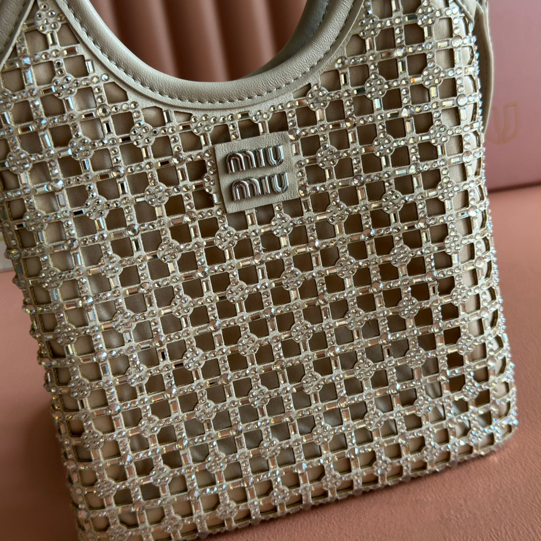 MIUMIU 26S CRYSTAL TOTE 24 BAG IN DARK BEIGE CALFSKIN