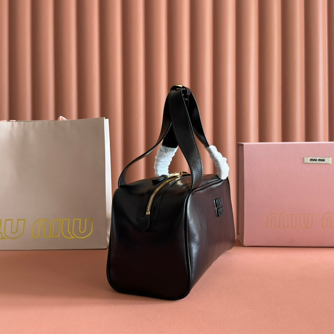 MIUMIU 26S TOP-HANDLE BAG 28 IN BLACK CALFSKIN GOLD HARDWARE