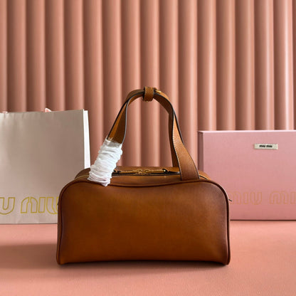 MIUMIU 26S TOP-HANDLE BAG 28 IN TAN BROWN CALFSKIN GOLD HARDWARE