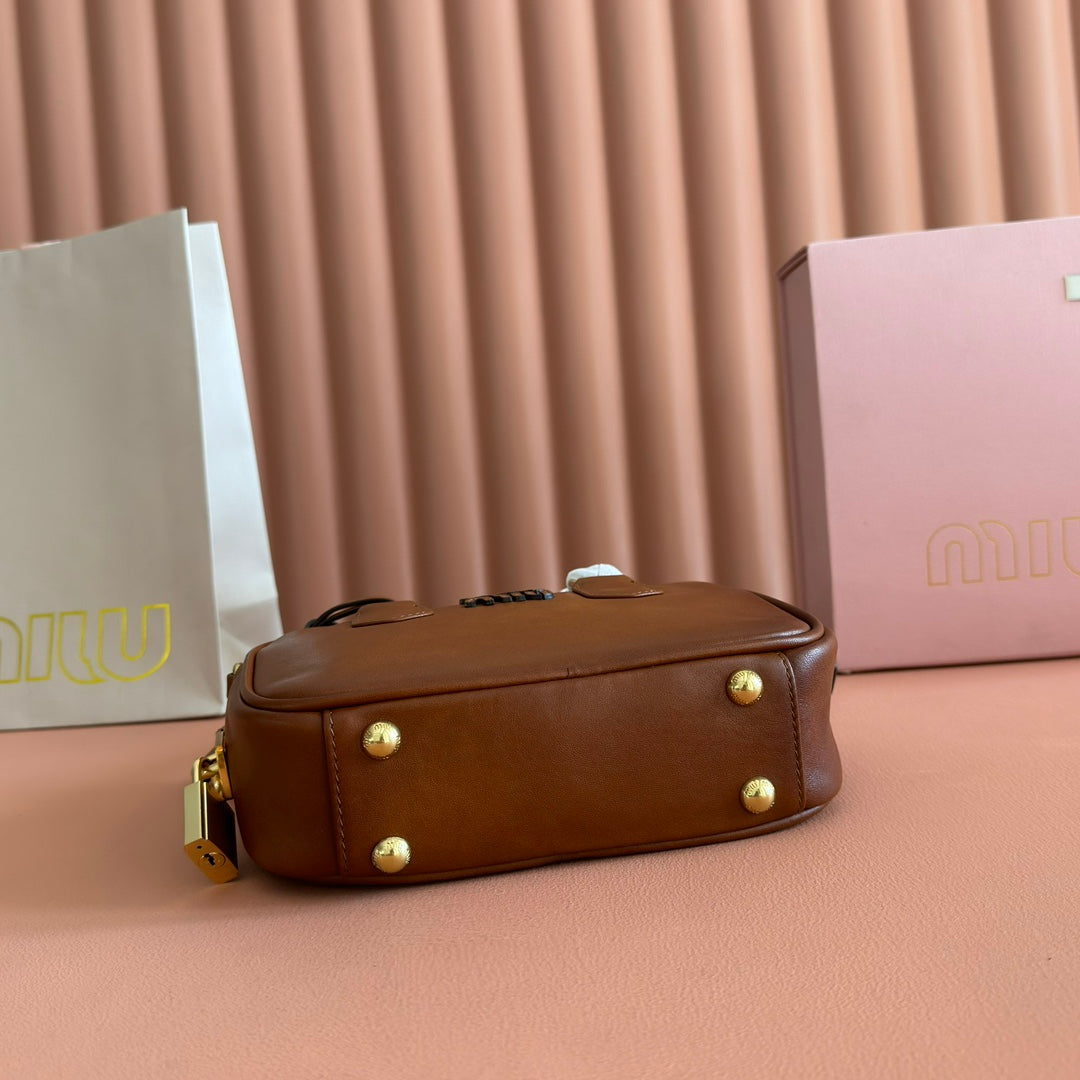 MIUMIU 26S ARCADIE BAG 19 IN TAN BROWN CALFSKIN GOLD HARDWARE