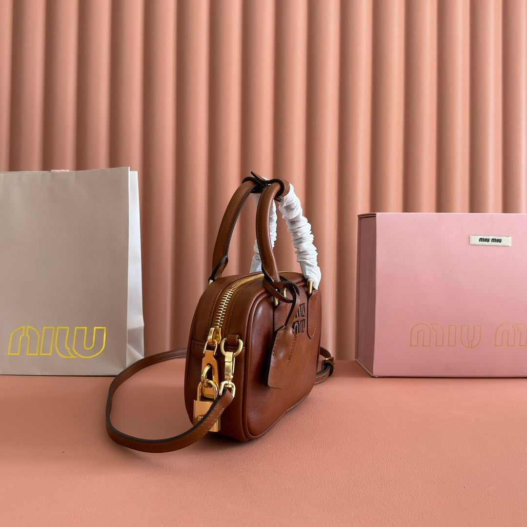 MIUMIU 26S ARCADIE BAG 19 IN TAN BROWN CALFSKIN GOLD HARDWARE