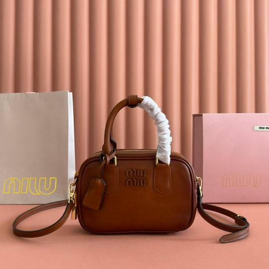 MIUMIU 26S ARCADIE BAG 19 IN TAN BROWN CALFSKIN GOLD HARDWARE