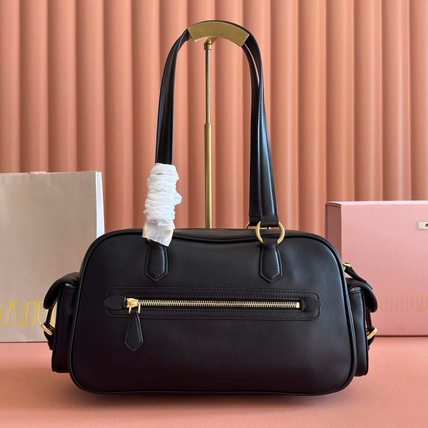 MIUMIU 26S POCKET TOP-HANDLE BAG 32 IN BLACK CALFSKIN GOLD HARDWARE