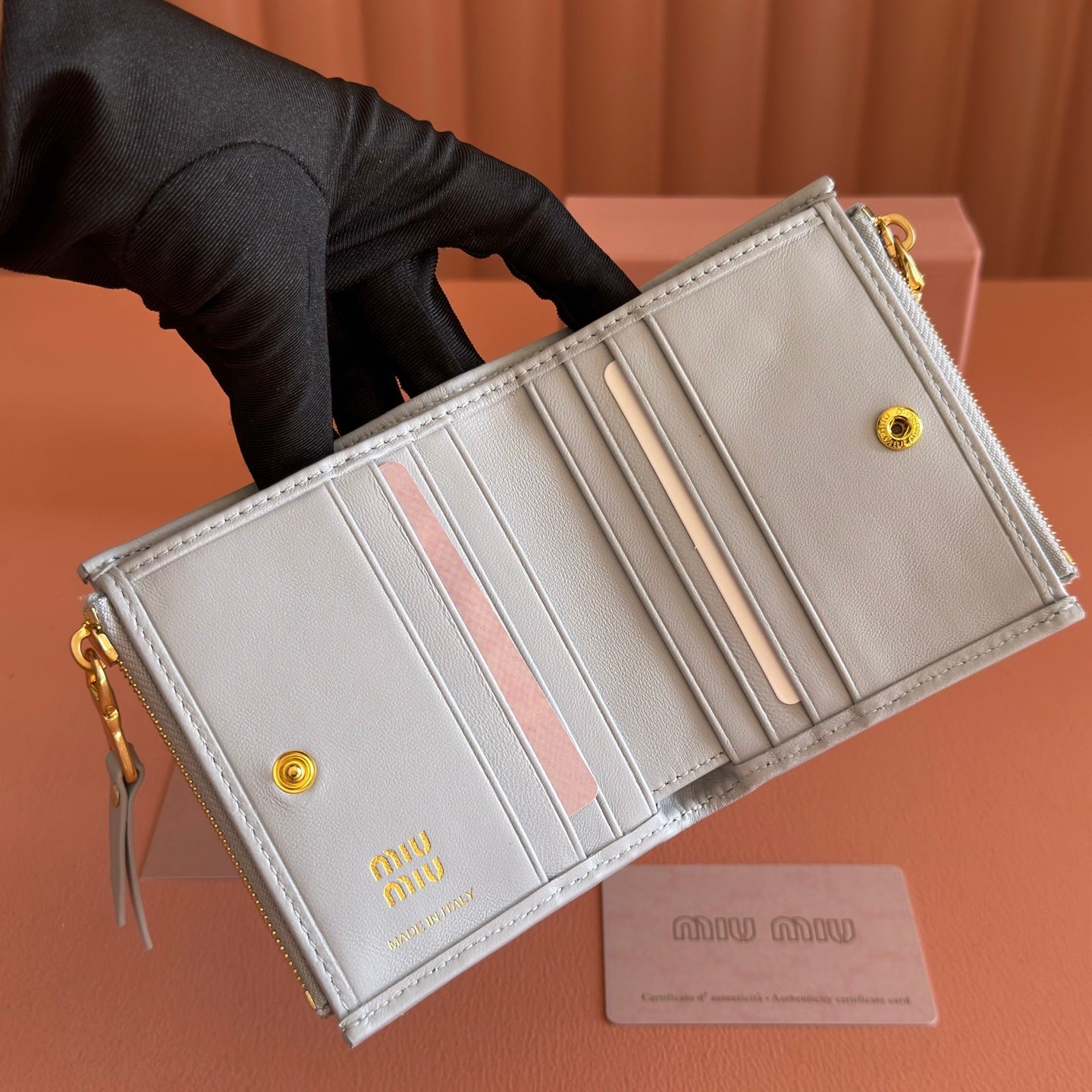 MIUMIU 26S SMALL MATELASSE CARD HOLDER 11 IN BLUE GRAY CALFSKIN GOLD HARDWARE