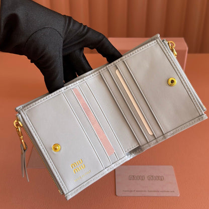 MIUMIU 26S SMALL MATELASSE CARD HOLDER 11 IN BLUE GRAY CALFSKIN GOLD HARDWARE