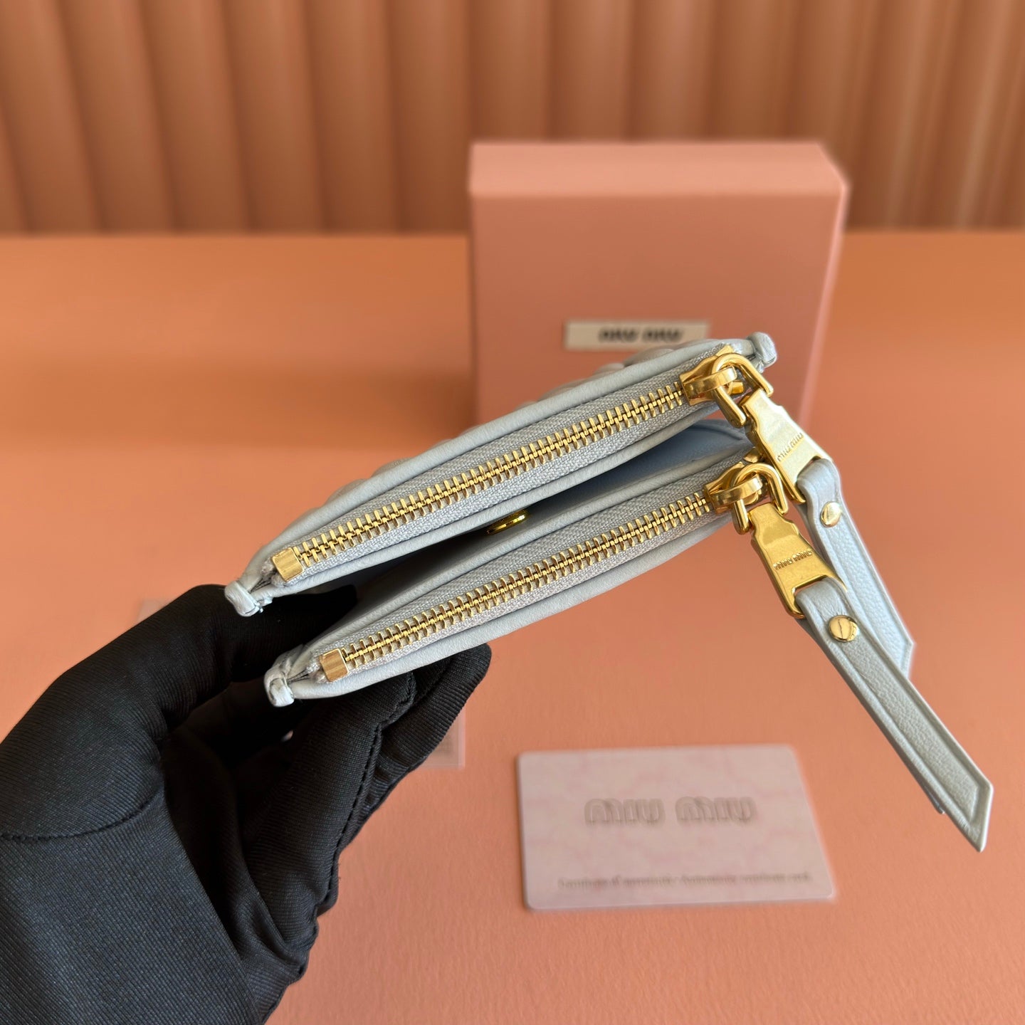 MIUMIU 26S SMALL MATELASSE CARD HOLDER 11 IN BLUE GRAY CALFSKIN GOLD HARDWARE