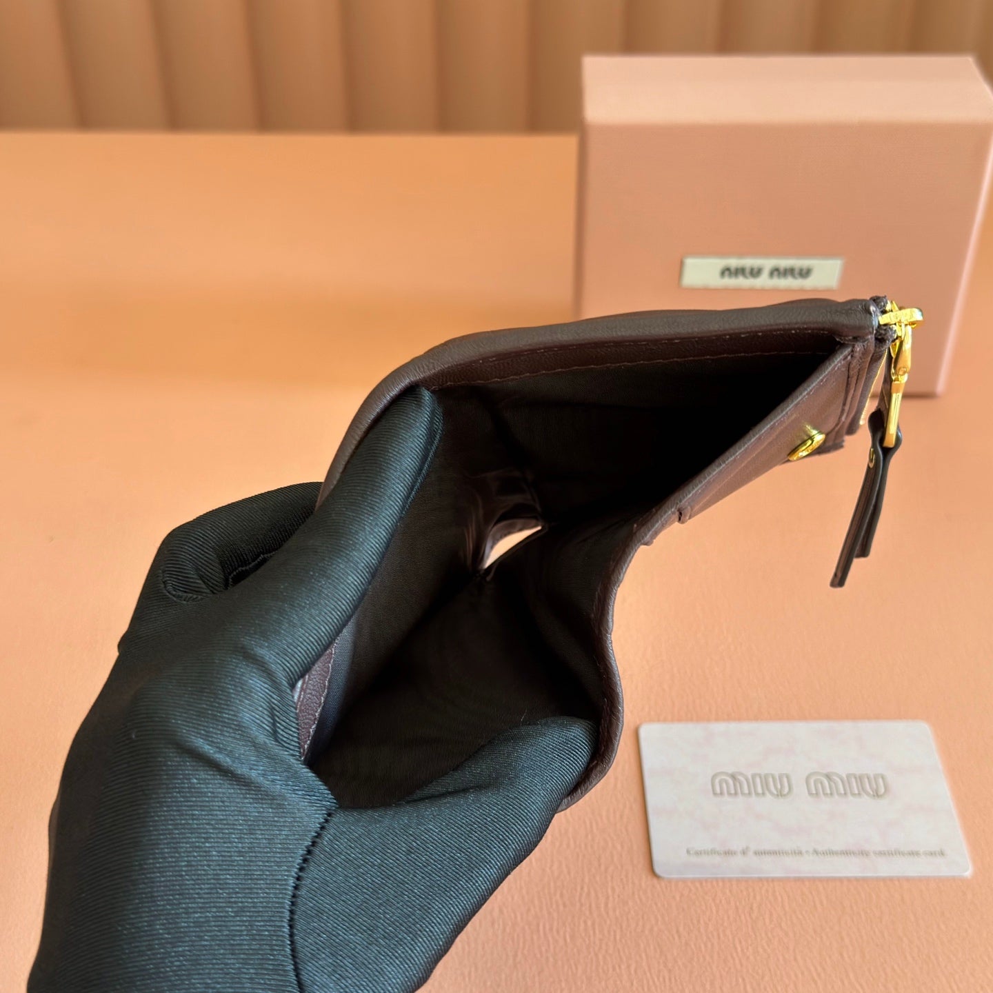 MIUMIU 26S SMALL MATELASSE CARD HOLDER 11 IN DARK BROWN CALFSKIN GOLD HARDWARE