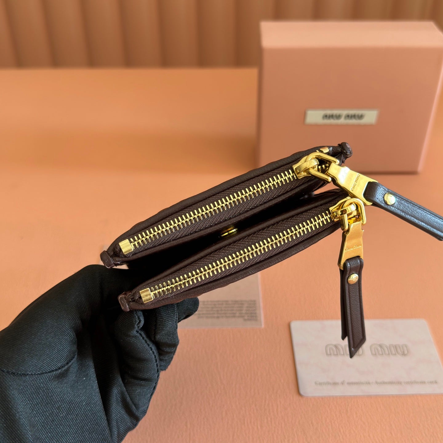 MIUMIU 26S SMALL MATELASSE CARD HOLDER 11 IN DARK BROWN CALFSKIN GOLD HARDWARE