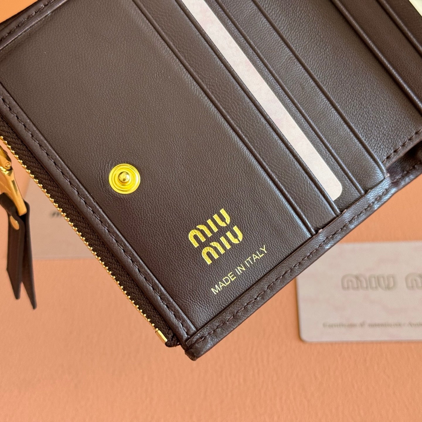 MIUMIU 26S SMALL MATELASSE CARD HOLDER 11 IN DARK BROWN CALFSKIN GOLD HARDWARE