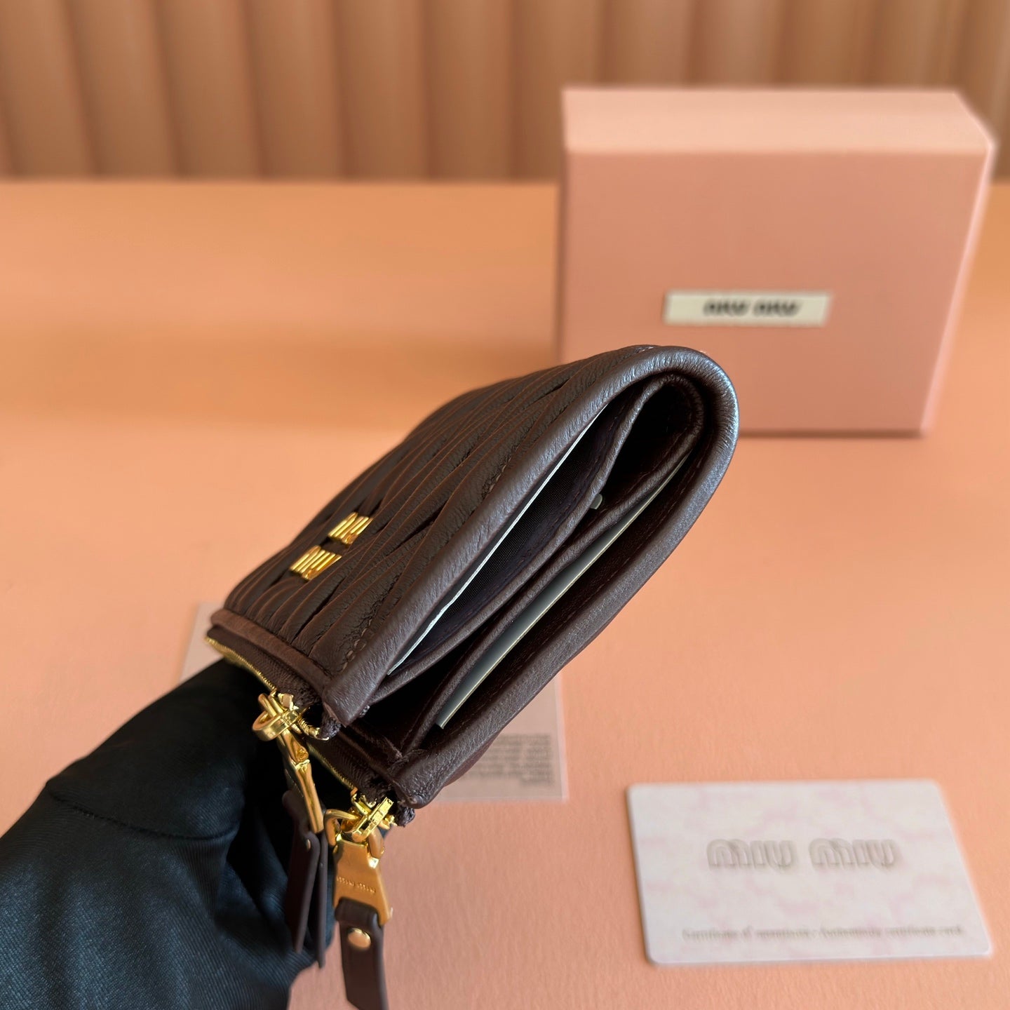 MIUMIU 26S SMALL MATELASSE CARD HOLDER 11 IN DARK BROWN CALFSKIN GOLD HARDWARE