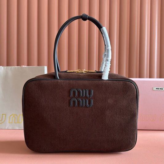 MIUMIU 26S BEAU BAG 34 IN CHOCOLATE BROWN CANVAS AND BLACK CALFSKIN