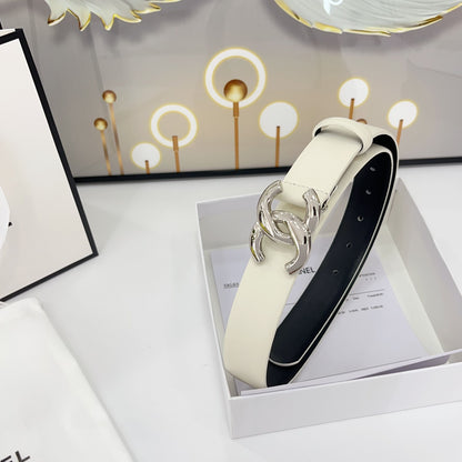 DOUBLE C BELT 30MM IN WHITE CALFSKIN WITH SHINY SILVER BUCKLE