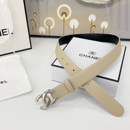 DOUBLE C BELT 30MM IN BEIGE CALFSKIN WITH SHINY SILVER BUCKLE