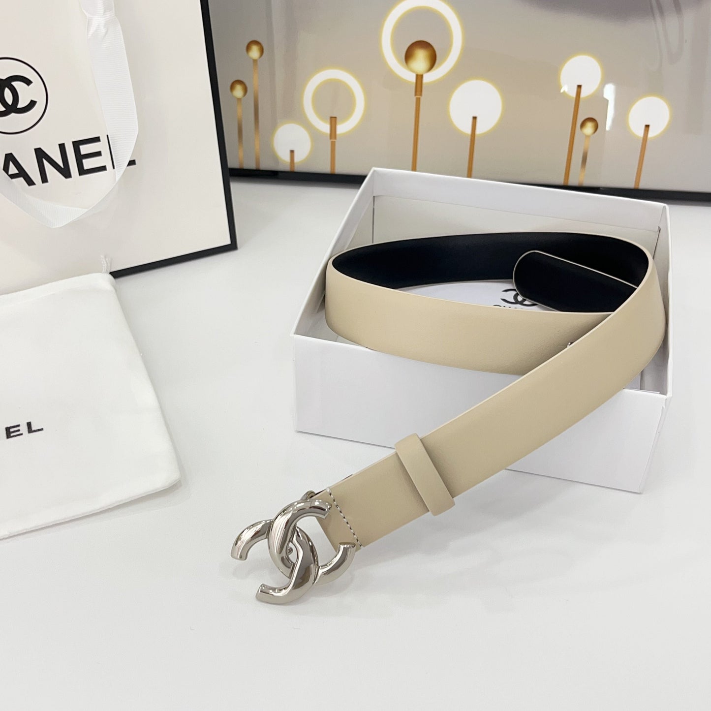 DOUBLE C BELT 30MM IN BEIGE CALFSKIN WITH SHINY SILVER BUCKLE