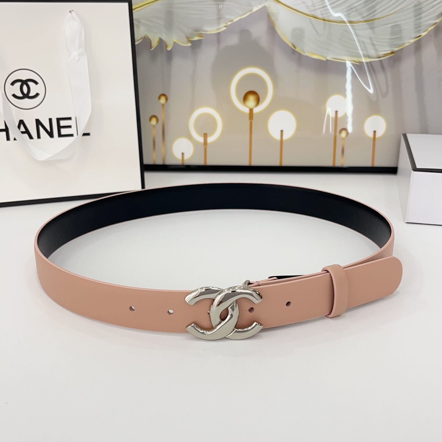 DOUBLE C BELT 30MM IN BABY PINK CALFSKIN WITH SHINY SILVER BUCKLE