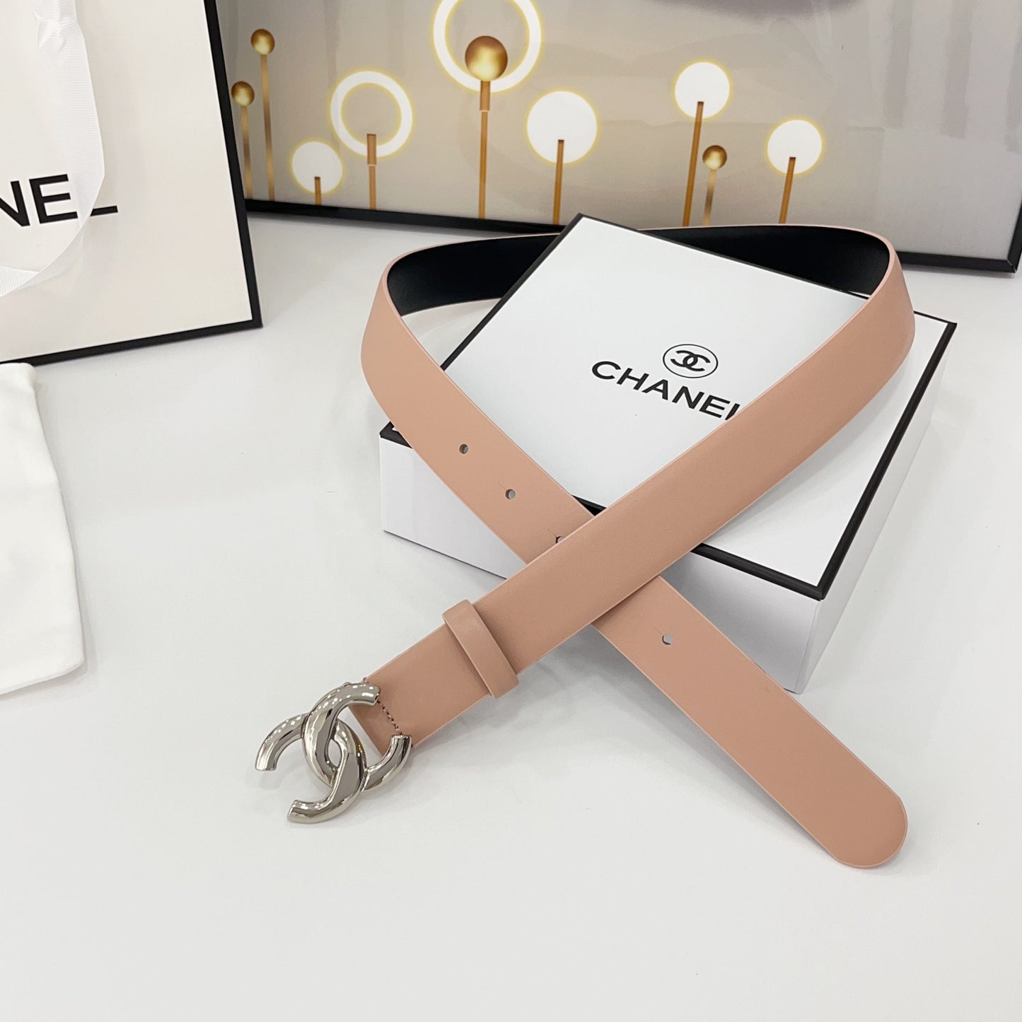 DOUBLE C BELT 30MM IN BABY PINK CALFSKIN WITH SHINY SILVER BUCKLE