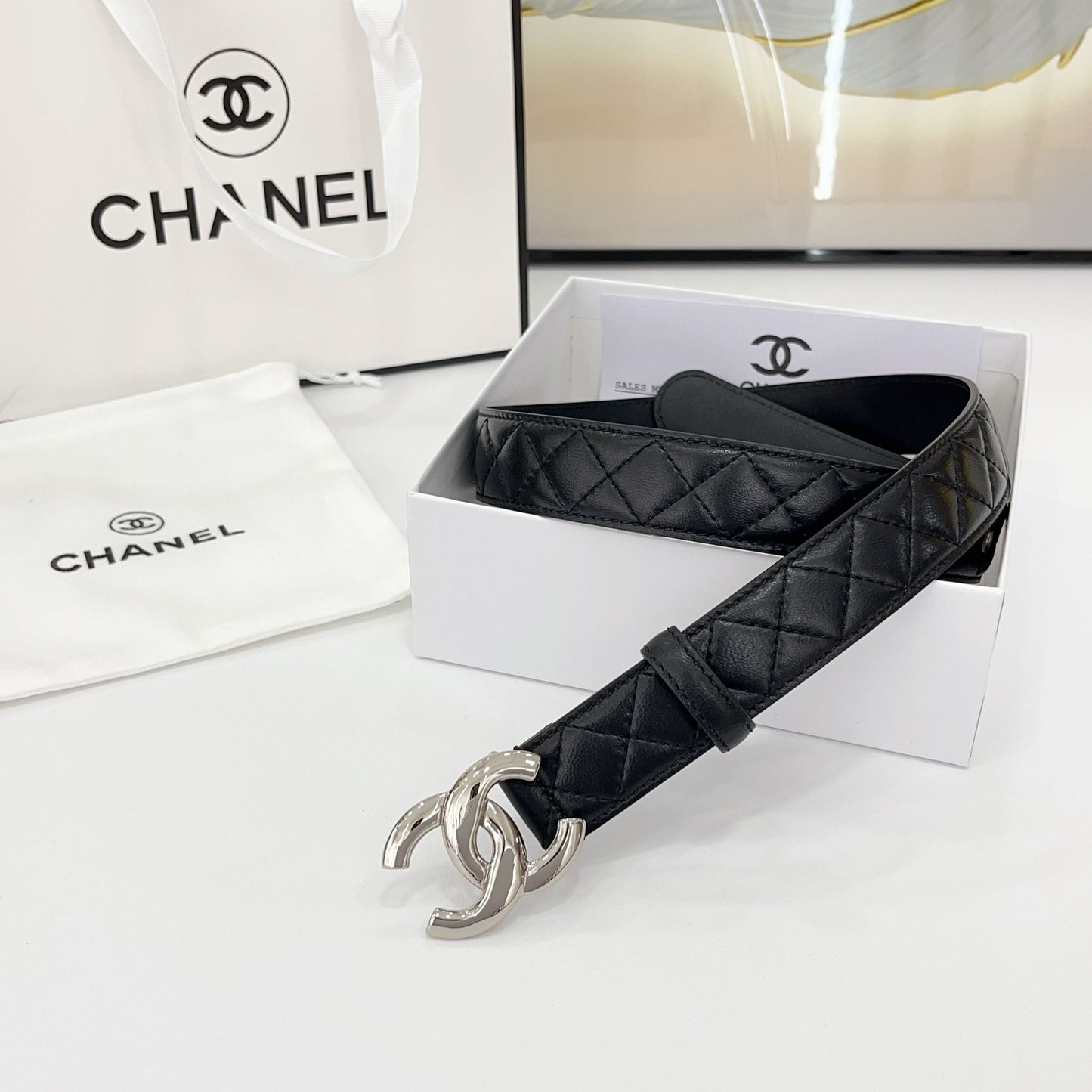 DOUBLE C BELT 30MM IN BLACK QUILTED LEATHER WITH SILVER BUCKLE