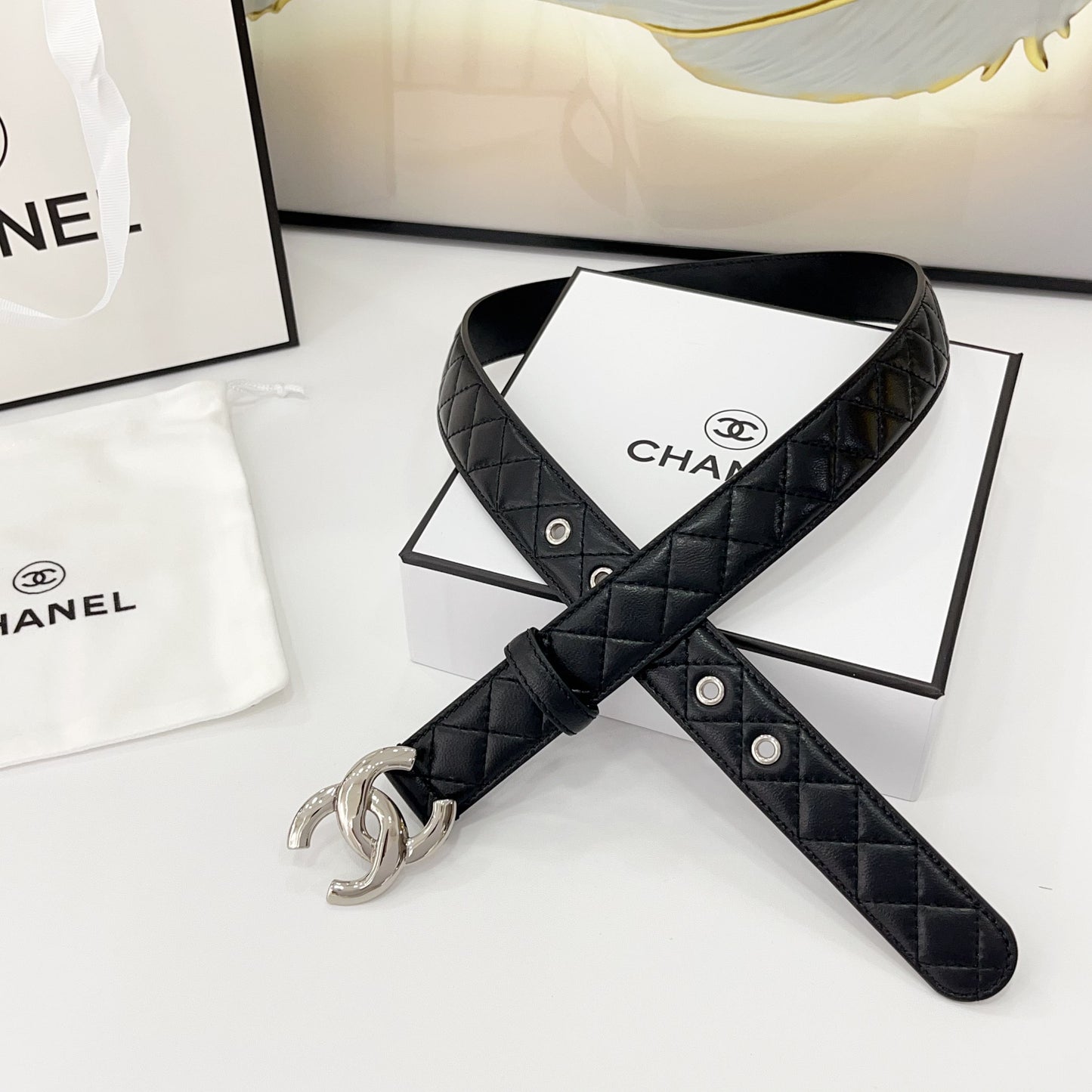 DOUBLE C BELT 30MM IN BLACK QUILTED LEATHER WITH SILVER BUCKLE