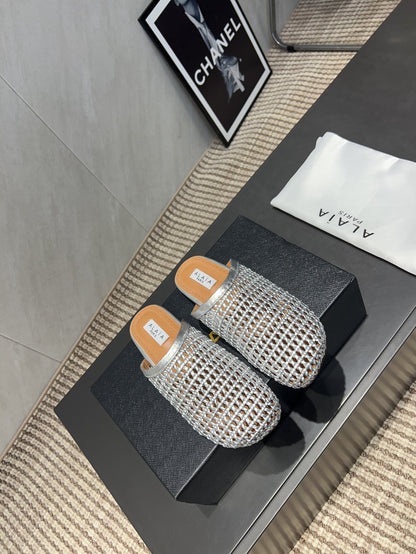 ALAIA WOVEN FLAT SHOES IN SILVER CALFSKIN STYLE 1