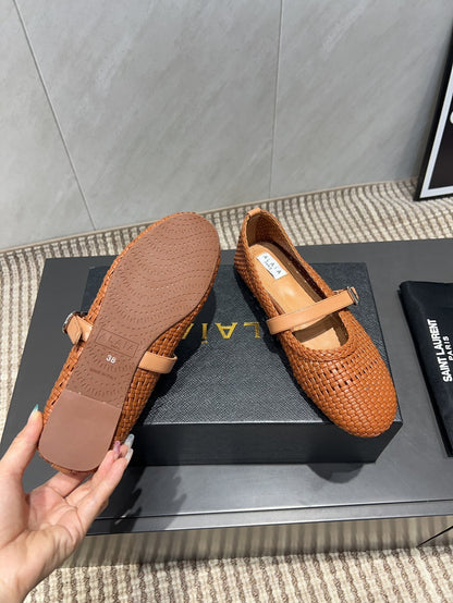 ALAIA MARY JANE FLATS WOVEN PATTERN 25S IN BURNT ORANGE CALFSKIN