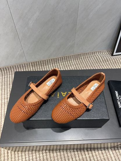 ALAIA MARY JANE FLATS WOVEN PATTERN 25S IN BURNT ORANGE CALFSKIN