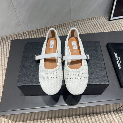 ALAIA MARY JANE FLATS WOVEN PATTERN 25S IN WHITE CALFSKIN