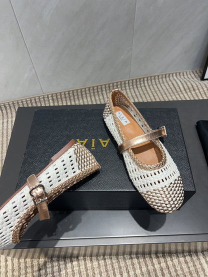 ALAIA MARY JANE FLATS WOVEN PATTERN 25S IN WHITE MIX CARAMEL BROWN CALFSKIN