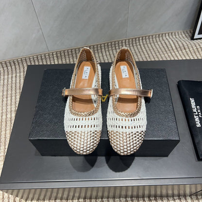 ALAIA MARY JANE FLATS WOVEN PATTERN 25S IN WHITE MIX CARAMEL BROWN CALFSKIN