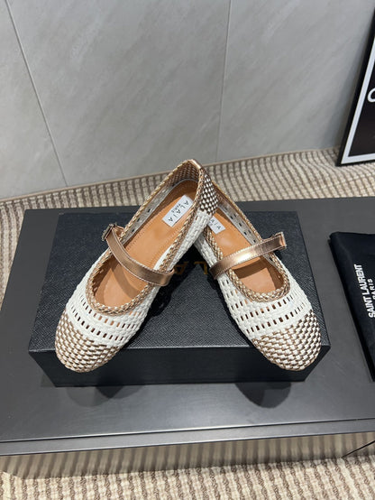 ALAIA MARY JANE FLATS WOVEN PATTERN 25S IN WHITE MIX CARAMEL BROWN CALFSKIN
