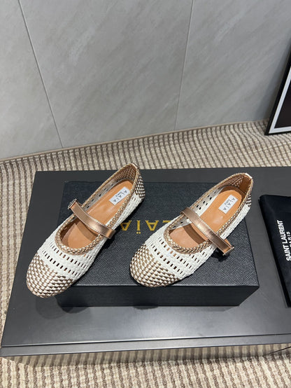 ALAIA MARY JANE FLATS WOVEN PATTERN 25S IN WHITE MIX CARAMEL BROWN CALFSKIN