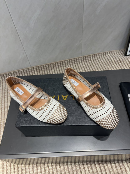 ALAIA MARY JANE FLATS WOVEN PATTERN 25S IN WHITE MIX CARAMEL BROWN CALFSKIN