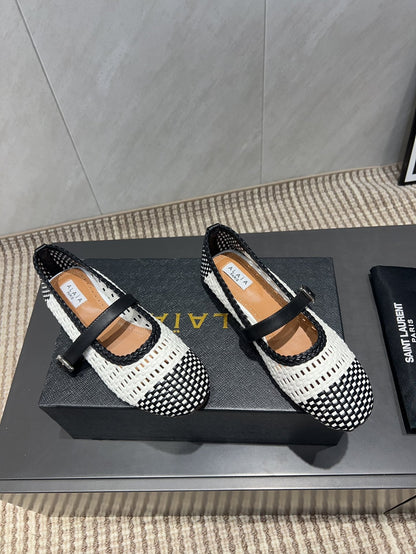 ALAIA MARY JANE FLATS WOVEN PATTERN 25S IN WHITE MIX BLACK CALFSKIN
