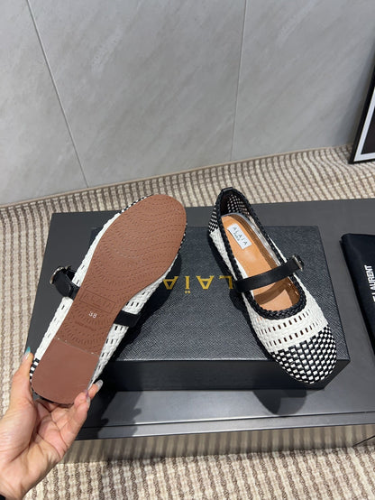 ALAIA MARY JANE FLATS WOVEN PATTERN 25S IN WHITE MIX BLACK CALFSKIN