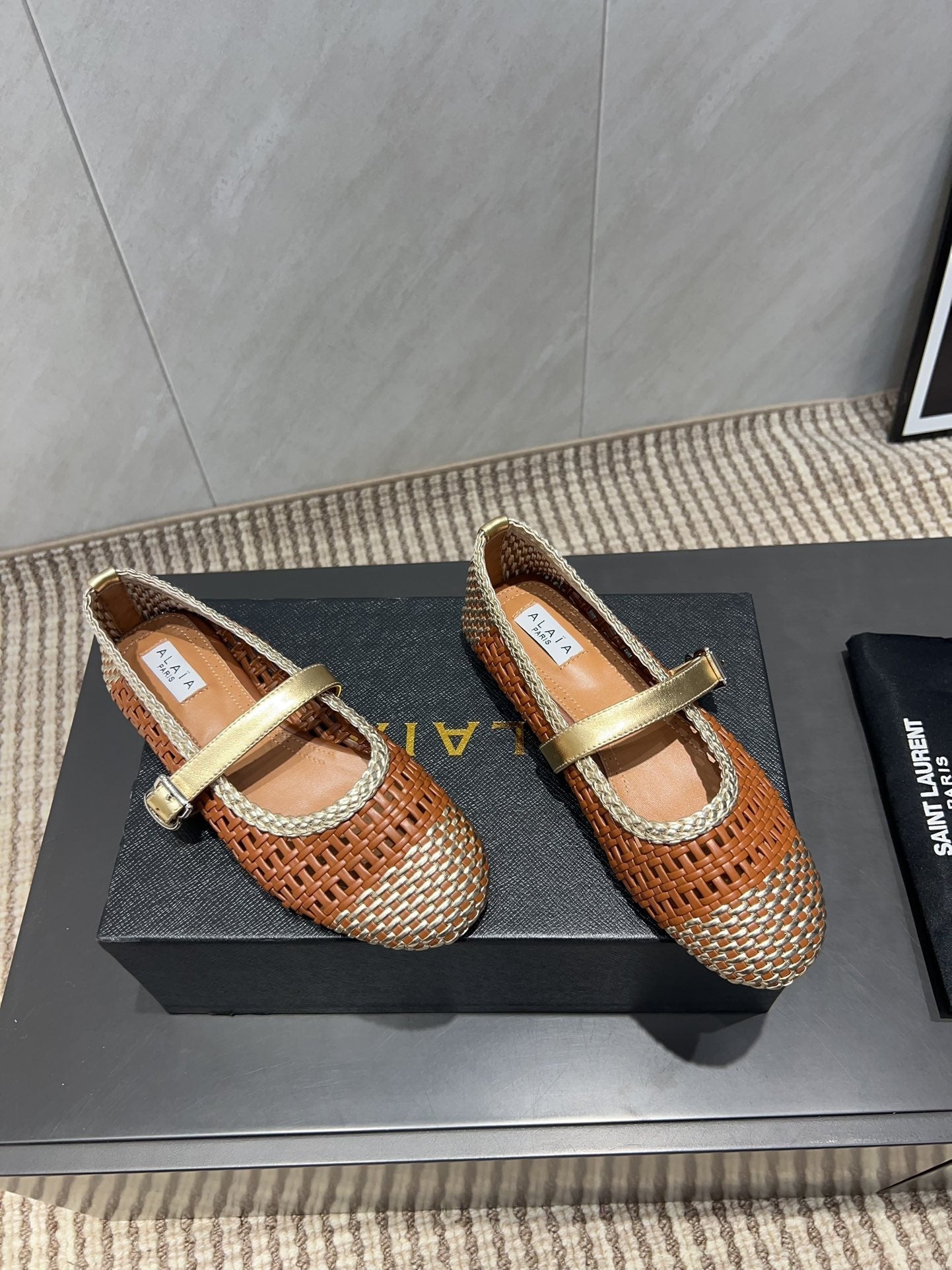 ALAIA MARY JANE FLATS WOVEN PATTERN 25S IN BROWN CALFSKIN