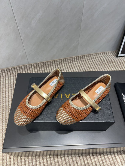 ALAIA MARY JANE FLATS WOVEN PATTERN 25S IN BROWN CALFSKIN